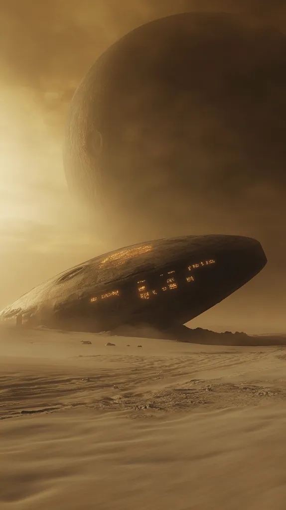 A large, dark, spaceship-like object rests on a sandy, desolate planet.  The craft is partially buried in the sand, with glowing symbols visible on its hull. A large, hazy planet looms in the background under a dusty, yellow-orange sky. The scene evokes a sense of isolation and mystery, suggesting a crashed or abandoned vessel in an alien landscape.