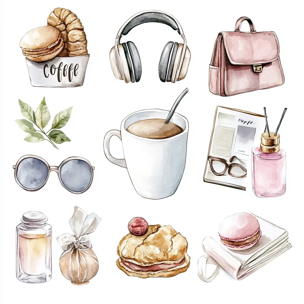 A watercolor illustration showcasing a collection of aesthetically pleasing items.  Included are a cup of coffee, pastries, a handbag, headphones, sunglasses, perfume, and a book.  The style is soft and muted, with pastel colors dominating the scene, creating a calm and sophisticated mood. The overall composition suggests a cozy and stylish atmosphere.