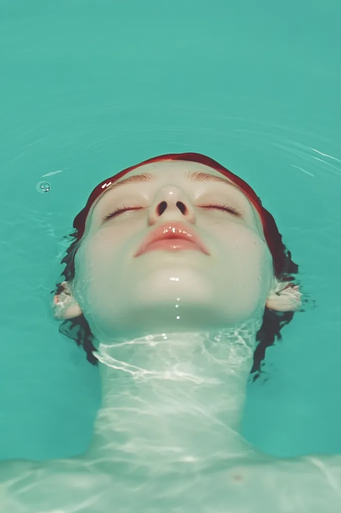 A close-up underwater shot of a woman with auburn hair, eyes closed, and face serene.  Her skin appears pale and smooth against the vibrant teal water.  The image is tranquil and focuses on the contrast between her still face and the gentle movement of the water around her.  Bubbles rise subtly from below.