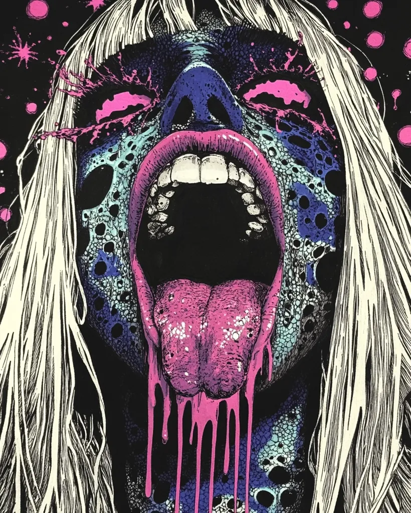 A stylized illustration depicts a woman's face, her mouth wide open in a scream, tongue extended.  Her skin is textured, appearing decayed or monstrous, in shades of blue and purple.  Pink paint-like splatters surround her eyes and drip from her mouth and tongue.  Her long, white hair frames the image, set against a black background speckled with pink dots. The overall style is dark, graphic, and surreal.