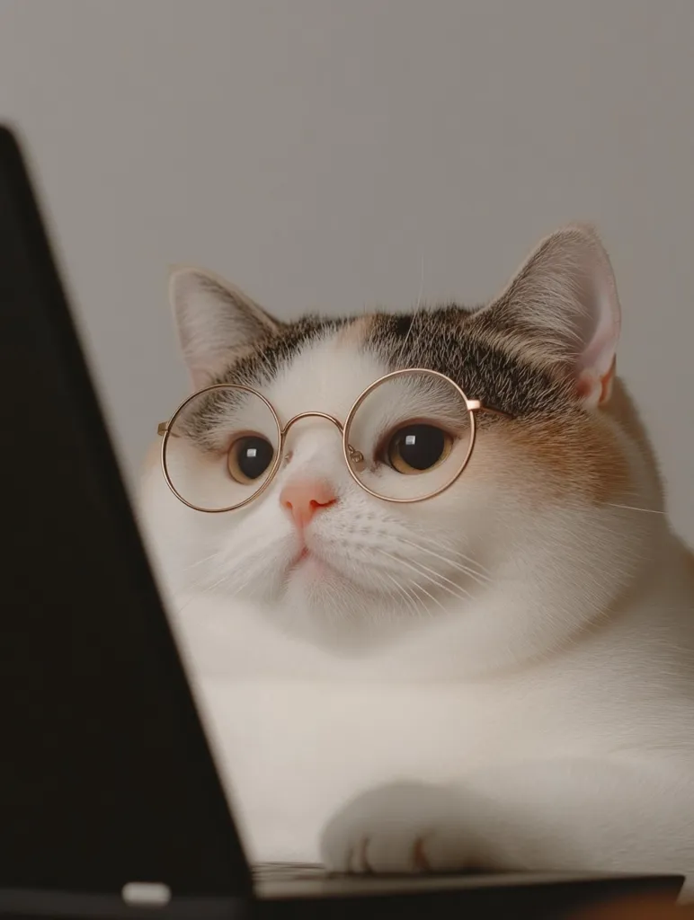 A fluffy calico cat, wearing round gold-rimmed glasses, sits attentively in front of a laptop.  Its large, expressive eyes are focused on the screen. The cat's plump body and soft fur are clearly visible. The overall image is light and whimsical, suggesting a studious or intellectual feline.