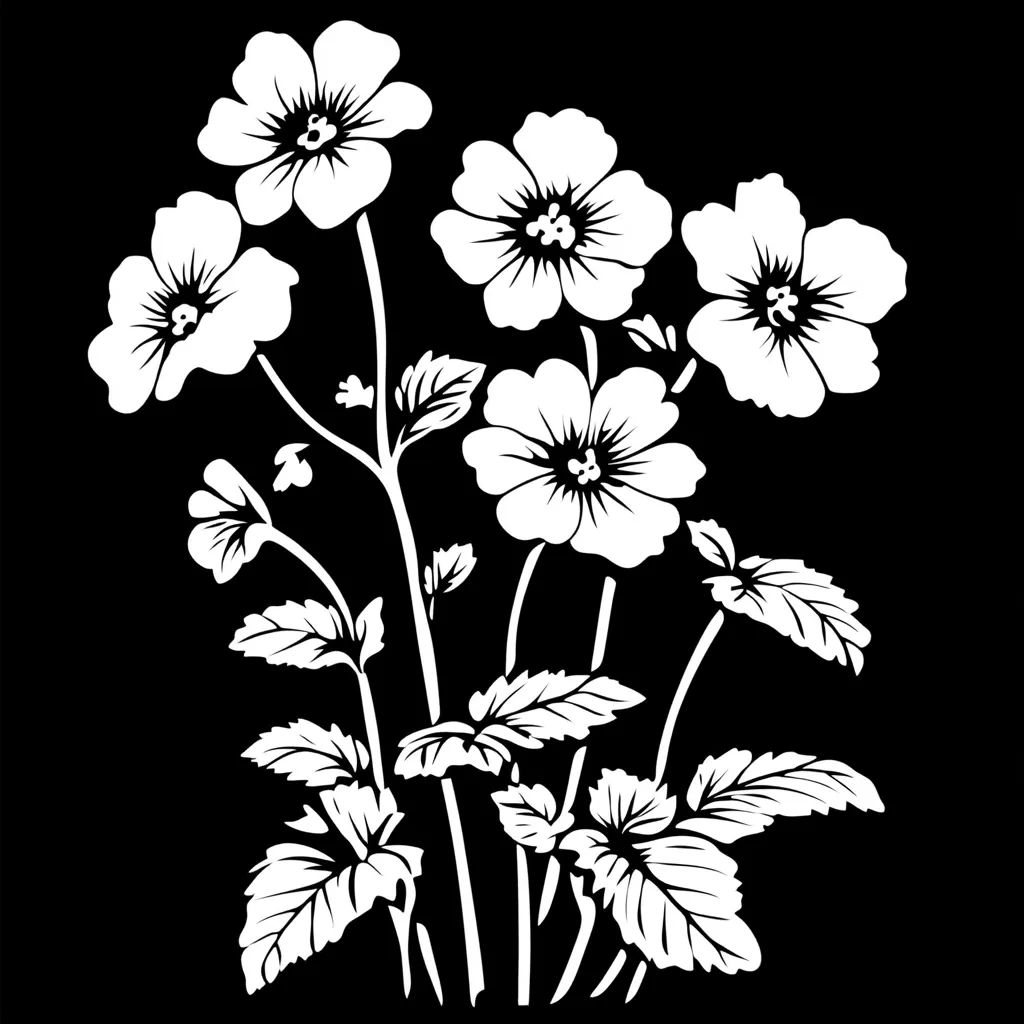A black and white illustration showcases a cluster of stylized flowers and leaves.  The flowers, reminiscent of mallows, feature prominent petals and centers, rendered in a bold, graphic style.  The leaves are detailed with serrated edges, creating a visually striking contrast against the black background. The overall aesthetic is elegant and minimalist.