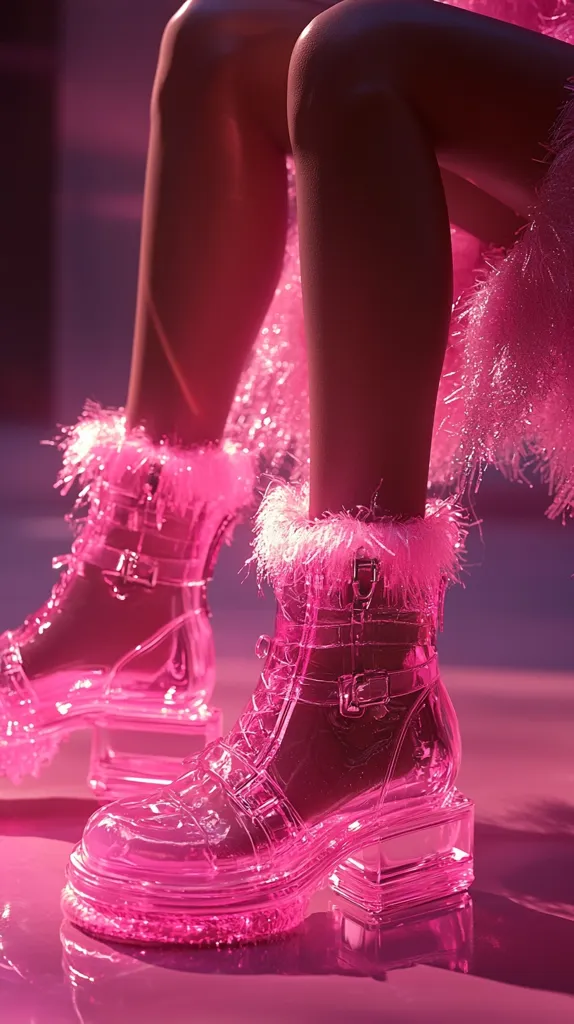 A pair of pink transparent platform boots with fluffy pink trim adorns a pair of legs.  The boots are chunky and have buckle detailing. The legs are positioned with knees bent, sitting on a pink fluffy surface. The overall aesthetic is bright, bold, and trendy. The image is brightly lit, emphasizing the glossy texture of the boots.