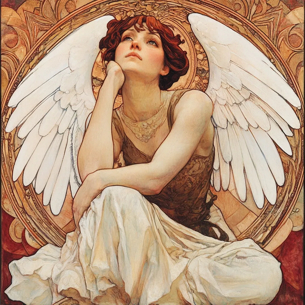 A painting depicts a serene, winged woman with auburn hair, seated and gazing pensively upward.  She's dressed in a flowing, light-colored gown and wears a delicate necklace.  Large, white wings extend from her back, framed by an ornate, circular golden border, evoking Art Nouveau style.  The overall palette is warm, with earthy tones contrasting the white wings and pale skin. The scene conveys a sense of quiet contemplation and ethereal beauty.