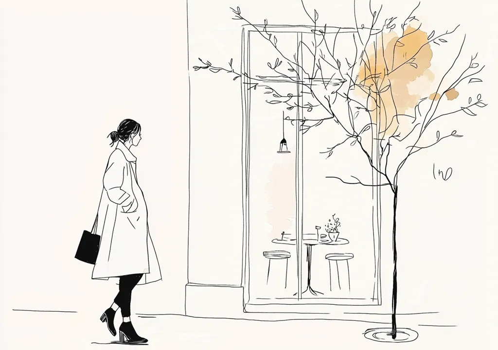 A minimalist line drawing depicts a woman in a long coat walking past a cafe.  She carries a small bag, and her attire suggests a fall or winter setting. The cafe's interior is visible through a large window, showing a small table and chairs. A bare, stylized tree stands beside the cafe, adding to the serene, almost melancholic atmosphere.  The overall style is simple and elegant.