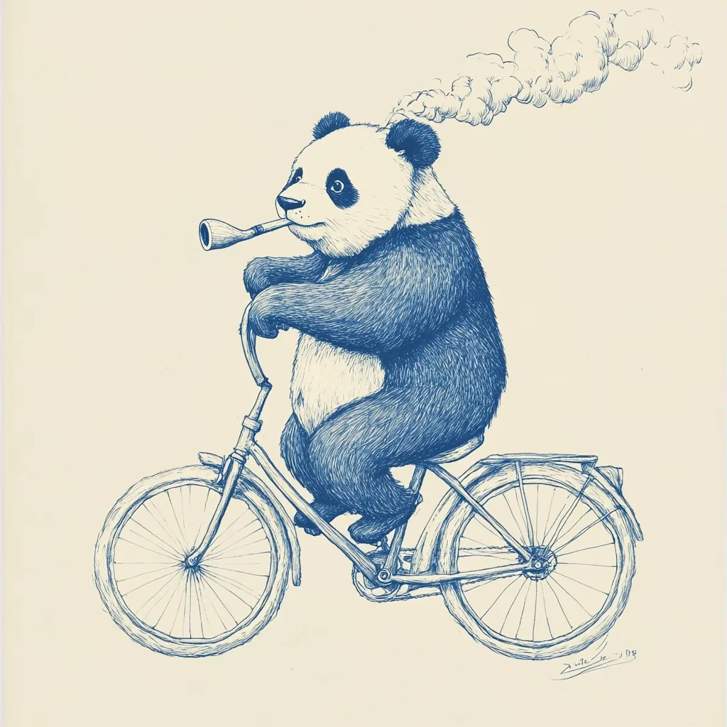 A whimsical illustration depicts a panda bear riding a bicycle.  The panda, rendered in blue ink, appears serene, smoking a pipe with smoke curling upwards.  The bicycle is a simple design, and the overall style is reminiscent of vintage illustrations or children's book art. The background is a soft cream color, making the panda the focal point of the image.