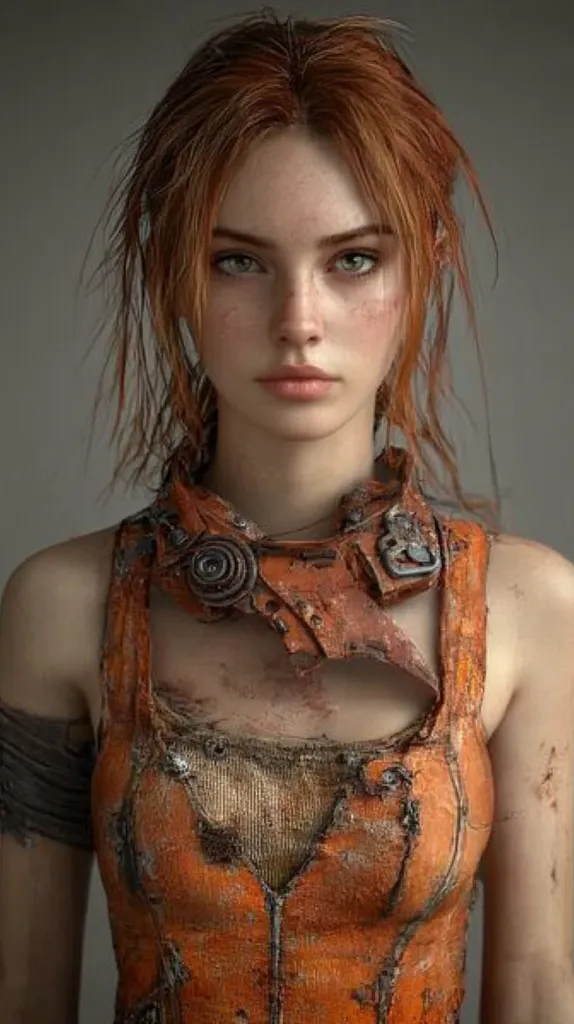 A digital rendering of a young woman with vibrant red hair.  She wears a tattered, orange, sleeveless top and a rusty, mechanical-looking neck piece. Her expression is serious and her gaze is direct.  The overall style suggests a post-apocalyptic or fantasy setting.  The image is highly detailed, showcasing realistic textures and skin tones.
