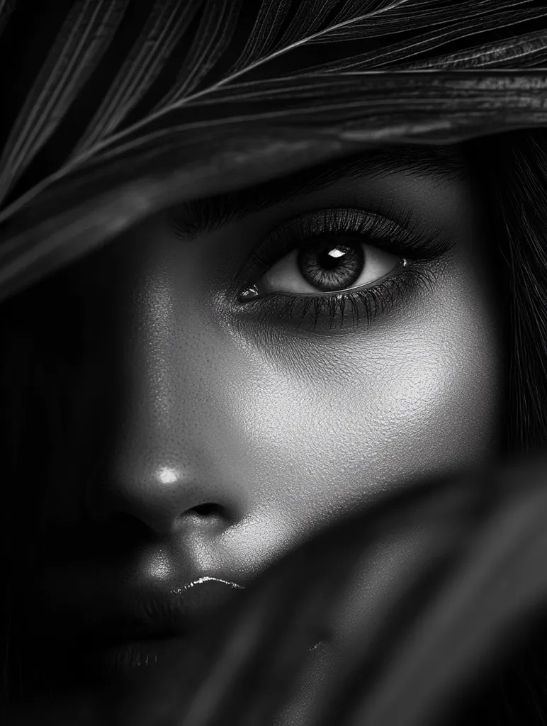 A black and white close-up captures a woman's face partially obscured by a large, dark leaf.  Only her eye, nose, and mouth are visible, the rest shrouded in shadow.  The image emphasizes her striking features, highlighting the texture of her skin and the lushness of the leaf. The contrast between light and shadow creates a dramatic and mysterious effect.