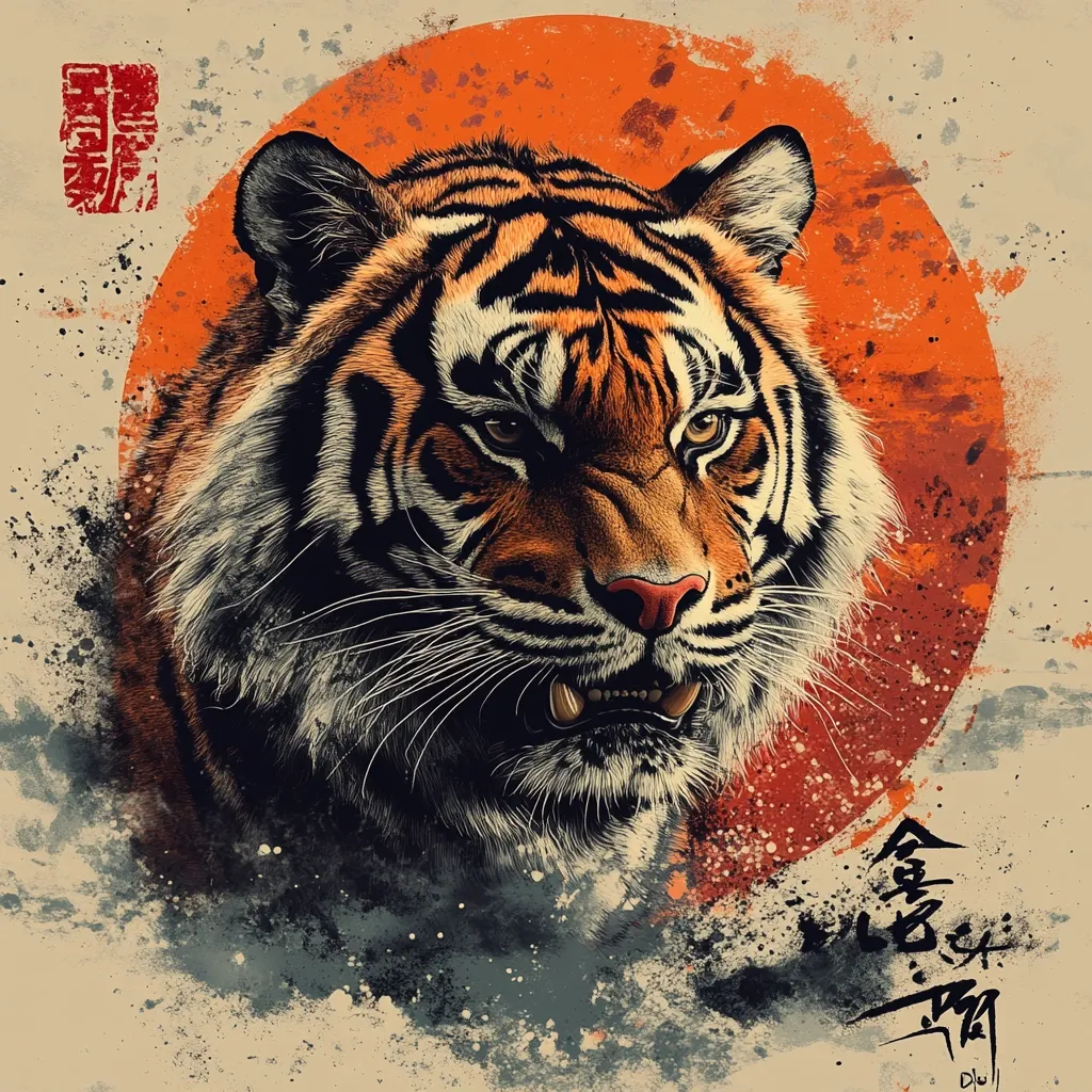 A stylized illustration depicts a tiger's head and shoulders against a vibrant orange sun-like backdrop. The tiger, rendered in detailed strokes, exhibits a fierce yet regal expression.  The artwork incorporates a grunge texture and incorporates Asian-inspired calligraphy, adding a layer of artistic depth and cultural influence.  The overall style blends realism with a bold, graphic aesthetic.