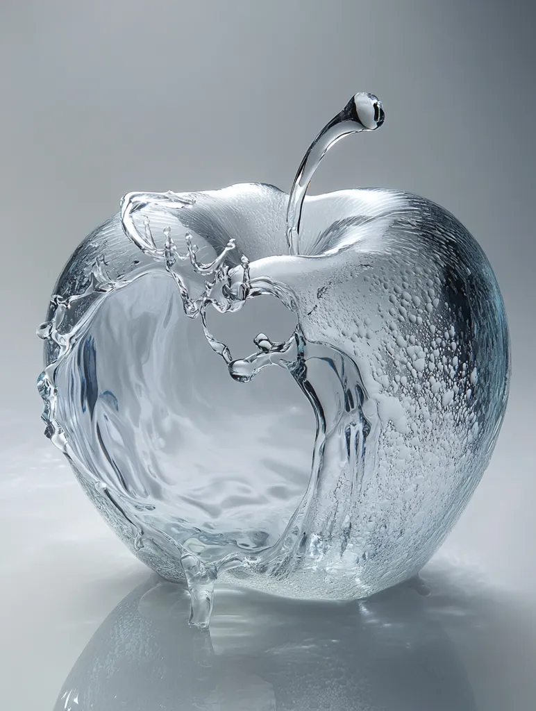 A striking image depicts a transparent apple-shaped form filled with water.  Water cascades over the top, creating dynamic splashes and ripples. The form mimics the shape of an apple, complete with a stem, but is entirely composed of liquid, showcasing the fluidity and translucence of water in an artistic representation. The background is a simple, neutral grey, enhancing the focus on the water sculpture.