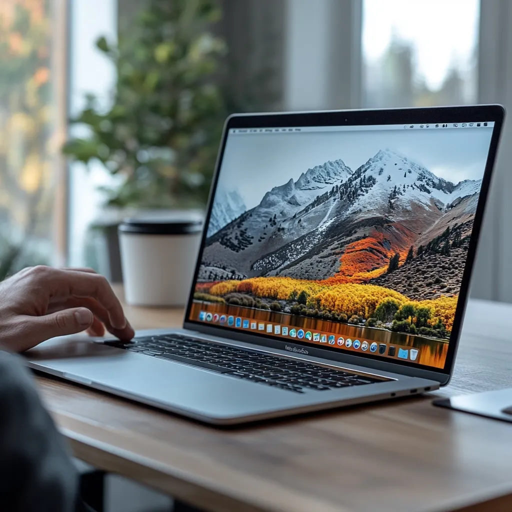 A person's hand rests on a silver MacBook Pro laptop, displaying a stunning macOS desktop wallpaper of a snow-capped mountain range with a vibrant autumnal valley. The laptop sits on a wooden desk near a window, with a blurred background suggesting a cozy, home office setting. The image conveys a sense of calm productivity and technological simplicity.