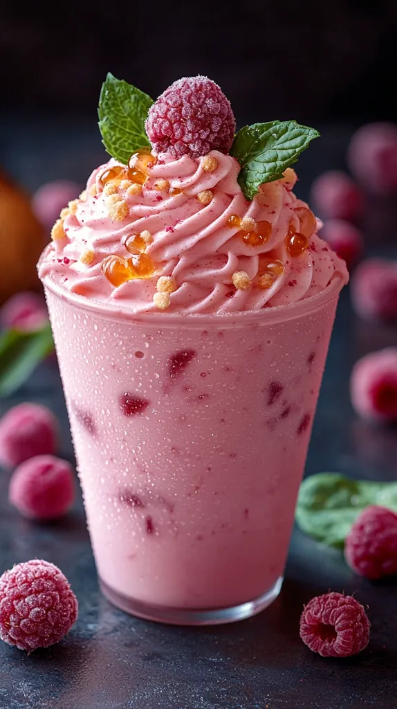 A refreshing raspberry smoothie is presented in a glass.  The vibrant pink drink is topped with whipped cream, a garnish of frozen raspberries, and fresh mint leaves.  Small, golden spheres and crumbs add textural interest.  Surrounding the glass are more fresh and frozen raspberries, enhancing the visual appeal of this delicious-looking dessert.