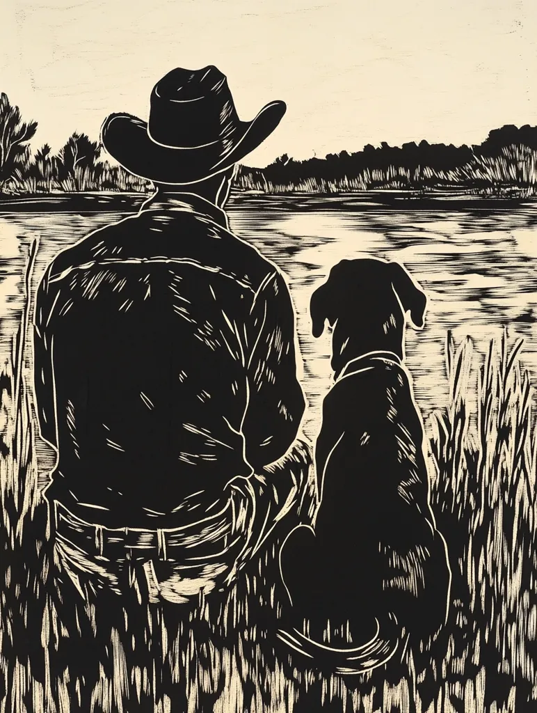 A black and white linocut depicts a man in a cowboy hat and a dog sitting side-by-side, gazing across a tranquil body of water. The style is stark, with bold lines and contrasting light and dark areas.  The scene evokes a sense of quiet contemplation and companionship in a rural setting. The man's back is to the viewer, emphasizing his focus on the water and the landscape beyond. The dog is positioned attentively beside him, creating a bond of loyalty and shared experience.