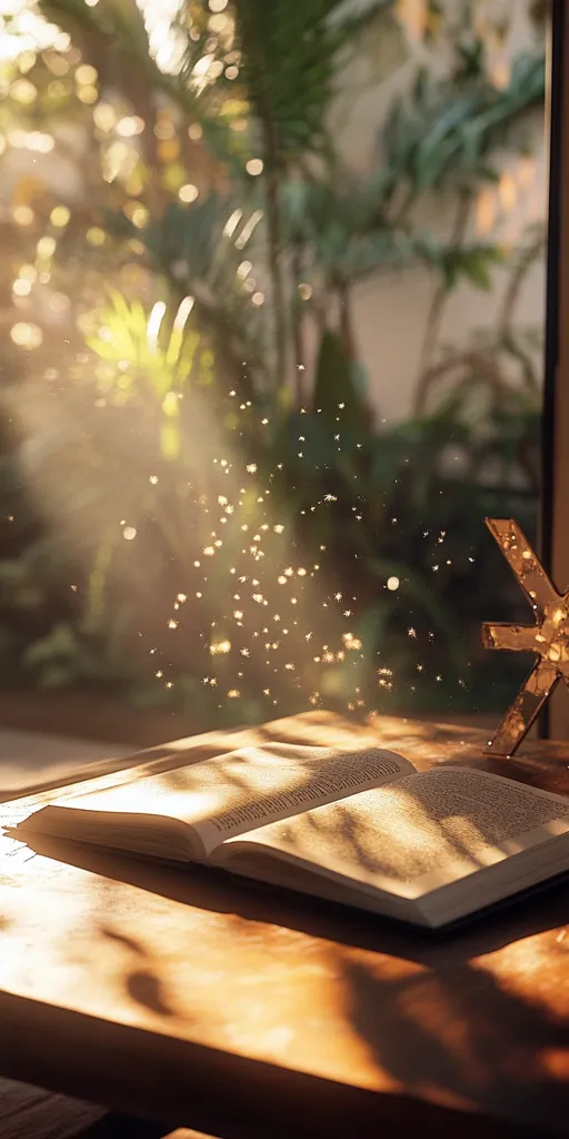 A book lies open on a wooden table bathed in warm sunlight.  Dust motes dance in the golden rays streaming through a nearby window, illuminating lush green foliage outside. The scene evokes a sense of peace and tranquility, perfect for reading and quiet contemplation. A decorative object is partially visible in the background.