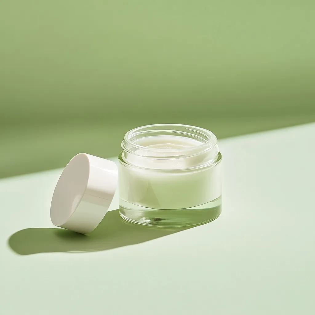 A glass jar of cream with a white lid sits on a pale green surface.  The jar is partially open, revealing the creamy white product inside.  Soft sunlight casts a shadow, highlighting the simple elegance of the skincare container against the minimalist background. The scene evokes a feeling of calm and natural beauty.