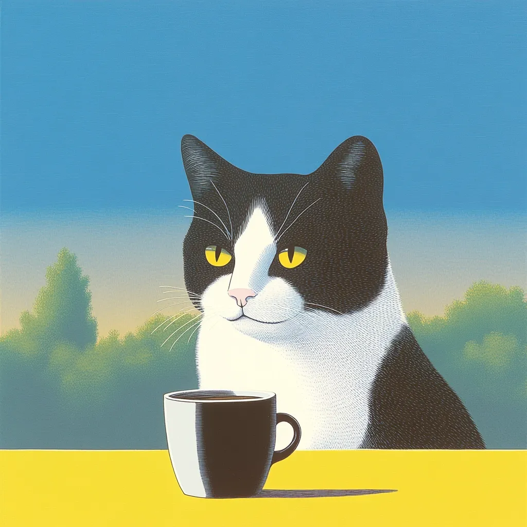 A tuxedo cat with bright yellow eyes sits at a yellow table, gazing thoughtfully at a cup of coffee. The background depicts a softly lit landscape of trees under a clear blue sky. The image is rendered in a stylized, almost graphic manner, with a focus on clean lines and bold color contrasts. The cat's expression is serene and slightly amused, creating a whimsical and charming scene.