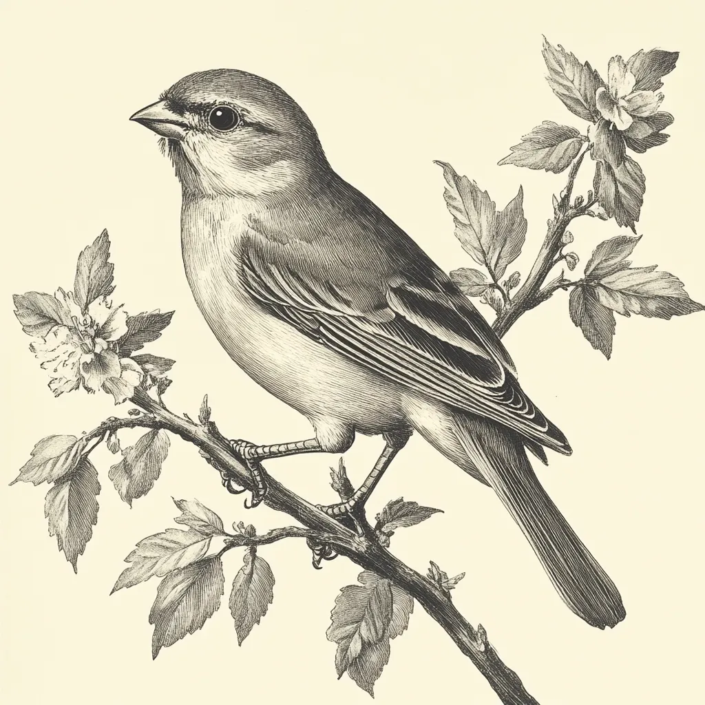 A meticulously detailed black and white illustration depicts a small bird perched delicately on a flowering branch.  The bird, rendered with fine hatching and cross-hatching, displays intricate feather details.  The branch, laden with blossoms and leaves, is equally well-defined, showcasing the artist's skill in capturing both organic form and texture. The overall style suggests a vintage botanical or ornithological print.