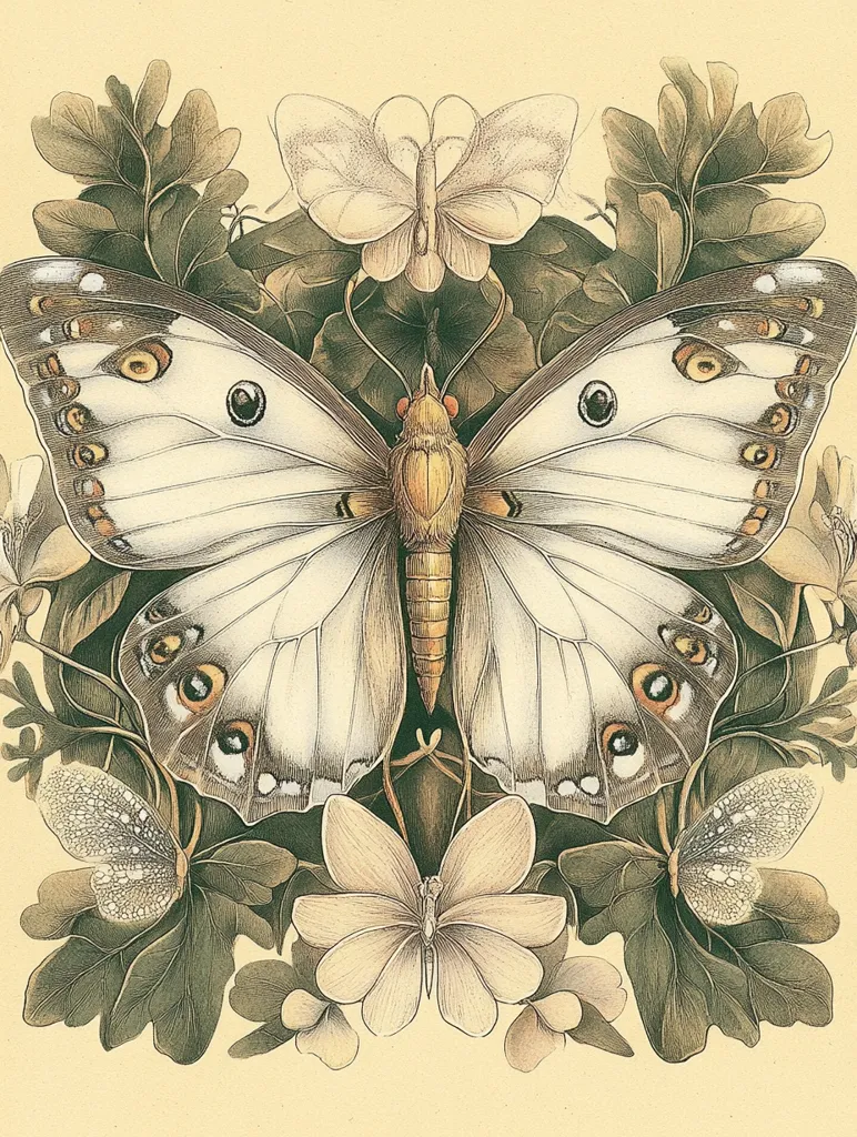 A detailed illustration showcases a large, central butterfly with pale wings adorned with dark brown markings.  Smaller butterflies and delicate flowers, rendered in shades of beige and brown, symmetrically frame the main butterfly, creating a balanced, almost botanical, composition. The overall style suggests a vintage or antique print.