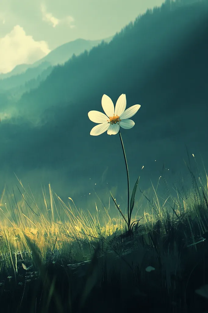 A single, delicate white flower stands tall amidst a field of tall grass, its petals unfurling against a backdrop of softly blurred, teal-toned mountains.  The scene is serene and peaceful, evoking a sense of quiet solitude and the beauty of nature's simplicity.  The soft light suggests either dawn or dusk, enhancing the tranquil mood.