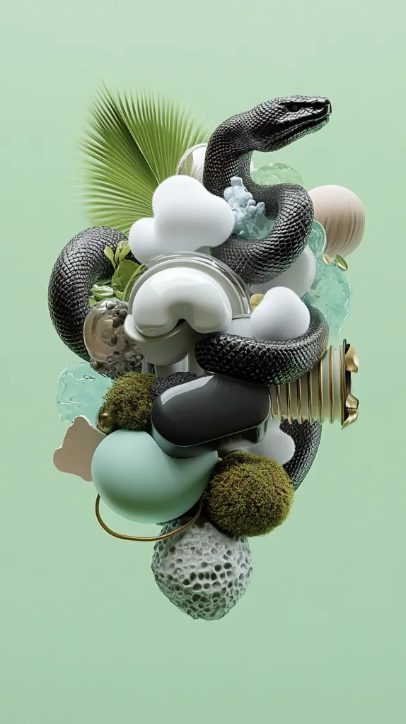 A black snake is entwined amidst a surreal collection of abstract shapes and organic elements.  Soft, pastel-colored spheres and cloud-like forms contrast with textured surfaces, including mossy patches and a porous orb.  Green foliage adds a natural touch to the composition, creating a whimsical and visually arresting image against a pale green backdrop.  The overall aesthetic is one of playful juxtaposition and artistic experimentation.