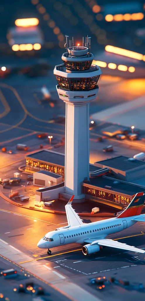 A passenger plane taxis on the runway at dusk, with the airport control tower prominently featured in the background.  The scene is illuminated by runway lights and the warm glow of airport buildings. The image suggests a busy but calm airport environment, capturing a moment of pre- or post-flight activity. The miniature scale of the model enhances the visual appeal of the scene.