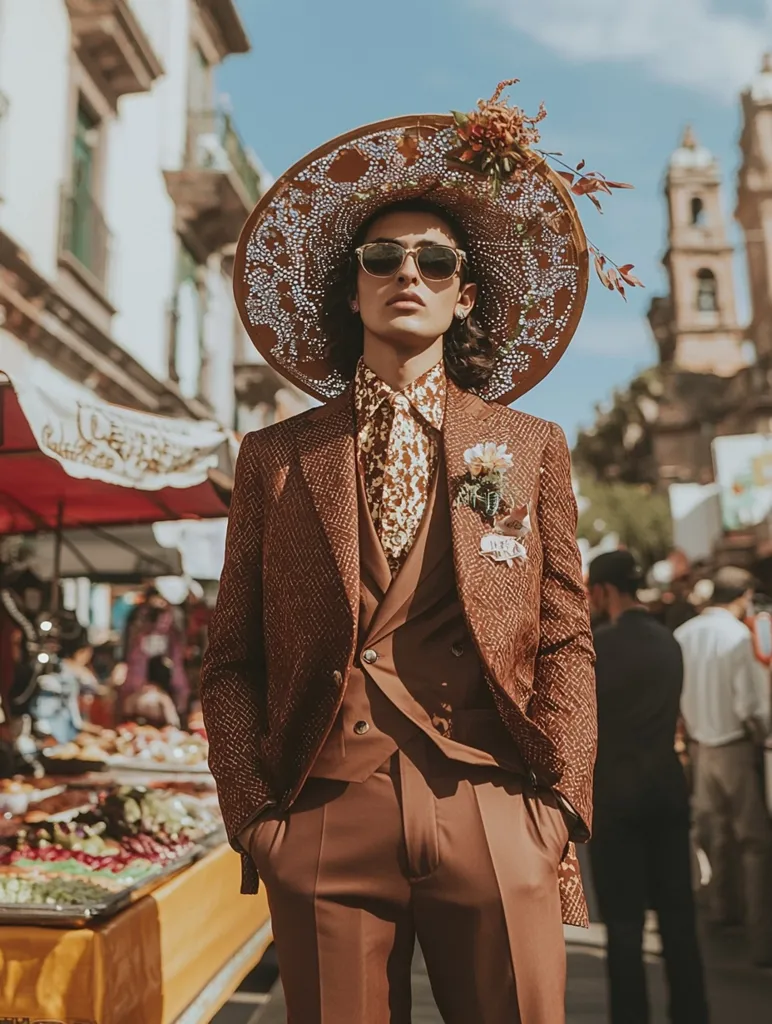 A male model, dressed in a brown textured three-piece suit and patterned shirt, stands confidently. He wears a large, ornate straw hat adorned with flowers and sunglasses. The setting appears to be a bustling outdoor market with a historical building in the background. The overall style is sophisticated and fashion-forward with a touch of bohemian flair.  The warm sunlight enhances the rich colors of his attire and the vibrant market scene.