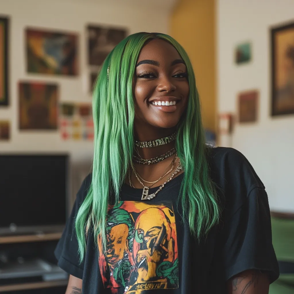 A young Black woman with vibrant green hair smiles warmly.  She wears a black t-shirt featuring a graphic design, layered gold necklaces, and a sparkly choker. The background is softly blurred, showing framed artwork on a wall.  Her expression is cheerful and confident.