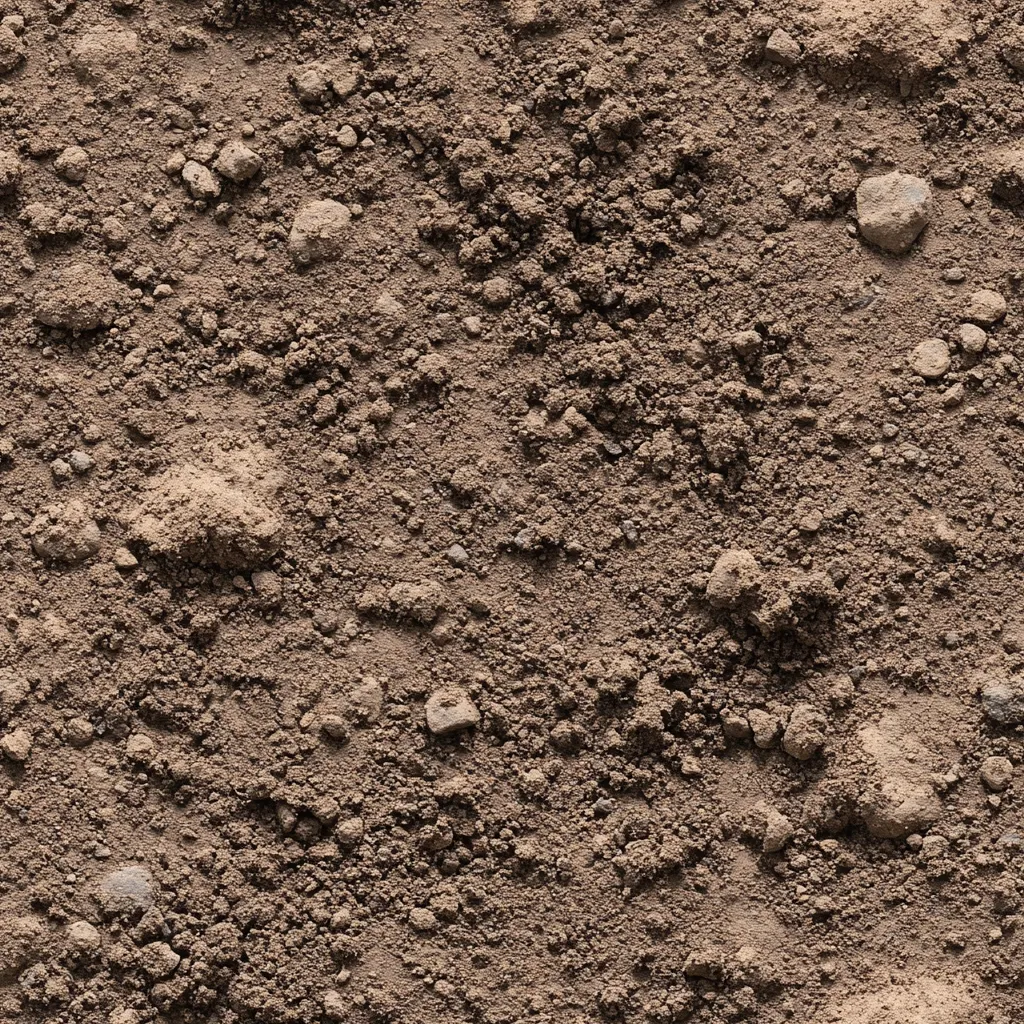 The image shows a close-up view of dark brown soil.  The texture is coarse, with numerous small and medium-sized clumps and pebbles scattered throughout.  The soil appears dry and relatively loose, lacking significant moisture.  The overall color is consistent, with subtle variations in shading due to the uneven surface and texture.