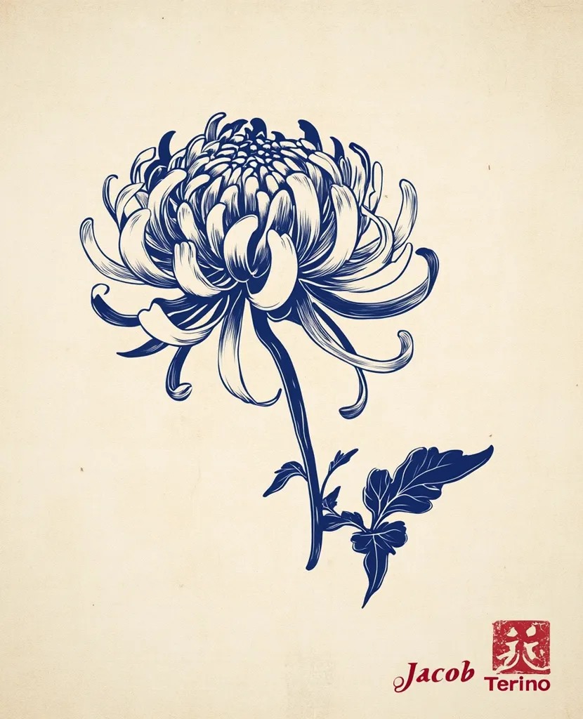 A detailed, blue ink drawing of a chrysanthemum flower dominates the image.  The flower is depicted with intricate detail in its petals and stem, exhibiting a style reminiscent of traditional Asian art.  A single leaf is shown attached to the stem. The artist's name, Jacob Terino, and a stylized Asian character are subtly placed at the bottom. The background is a muted beige.