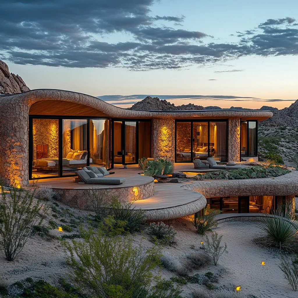 A stunning, modern desert home seamlessly blends into its rocky surroundings.  The organic, curving architecture features large glass windows showcasing the interior's warm lighting.  Stone walls and wooden accents complement the desert landscape.  Outdoor seating areas offer breathtaking sunset views.  Landscaping incorporates native desert plants, creating a harmonious and luxurious oasis.