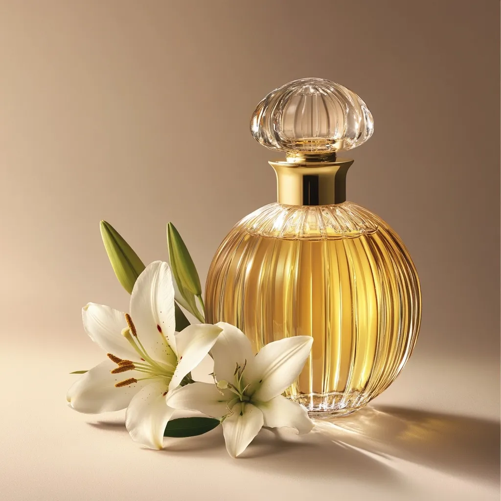 A luxurious perfume bottle, amber-colored and ornately designed, sits beside two pristine white lilies. The bottle's ribbed glass and gold accents exude elegance, reflecting the delicate beauty of the flowers. The warm, neutral background enhances the golden hues of the perfume and the purity of the lilies, creating a sophisticated and fragrant aesthetic.