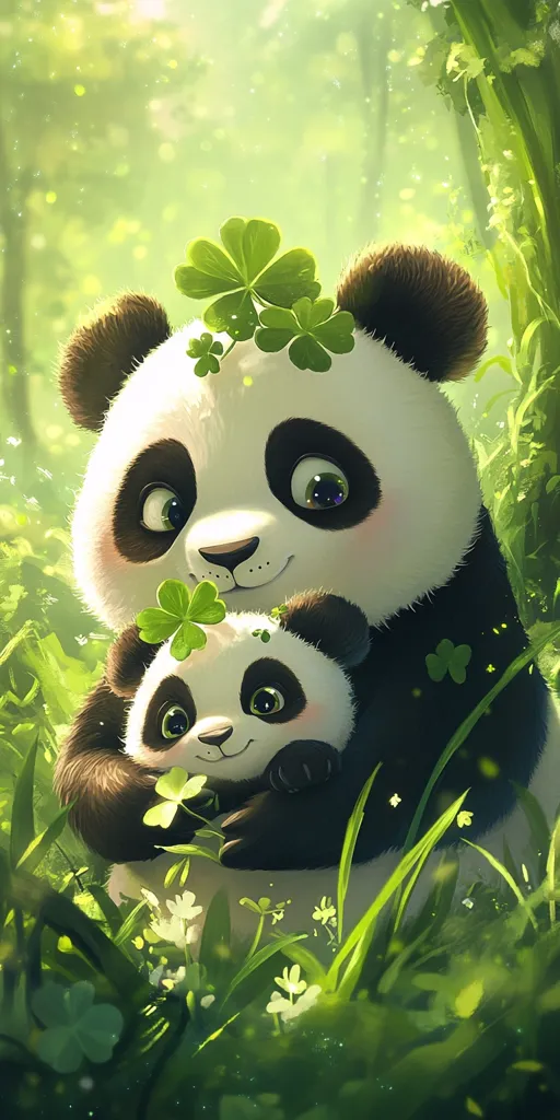 A heartwarming illustration depicts a mother panda gently cradling her cub amidst a lush green forest.  Four-leaf clovers adorn the mother's head, adding a touch of magic to the scene.  Both pandas have large, expressive eyes, and the overall style is soft and whimsical, creating a feeling of peace and tenderness. The vibrant green foliage provides a serene backdrop.