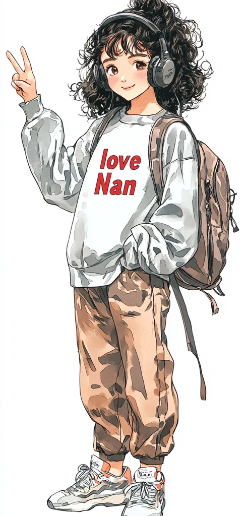 An anime-style girl with curly brown hair wears headphones, a grey sweatshirt that says "love Nan" in red, beige cargo pants, and sneakers. She carries a brown backpack and gives a peace sign.  The illustration is done in a watercolor-like style with loose brushstrokes, giving a casual and approachable feel.