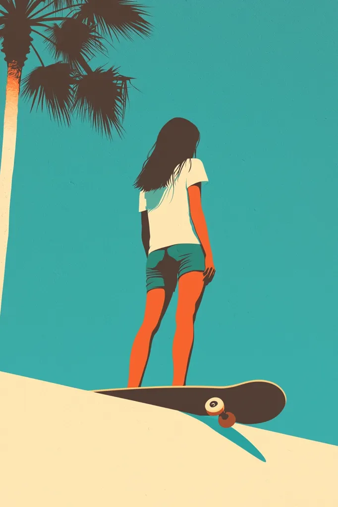 A stylized illustration depicts a young woman standing on a skateboard, viewed from behind.  She wears a white shirt and teal shorts, her long brown hair cascading down her back. The setting is minimalist, featuring a teal sky and a palm tree, with the scene suggesting a sunny, beachside location.  The overall style is bold and graphic, with a vintage color palette.