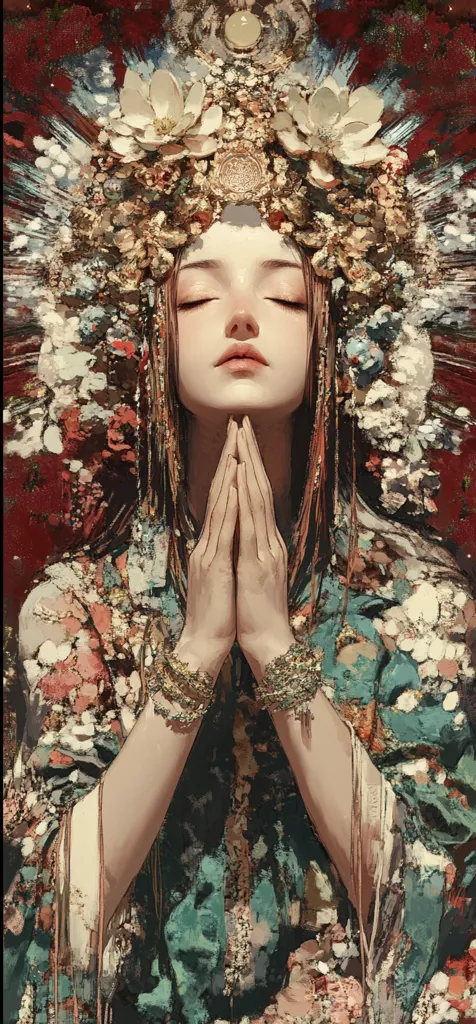 A serene woman, adorned in an elaborate floral headdress and ornate teal and rose-gold patterned robe, sits with her eyes closed and hands clasped in prayer.  The painting's style is painterly and expressive, with visible brushstrokes creating texture and depth.  The rich colors and detailed embellishments evoke a sense of elegance and spirituality.  The overall impression is one of peaceful contemplation and ethereal beauty.