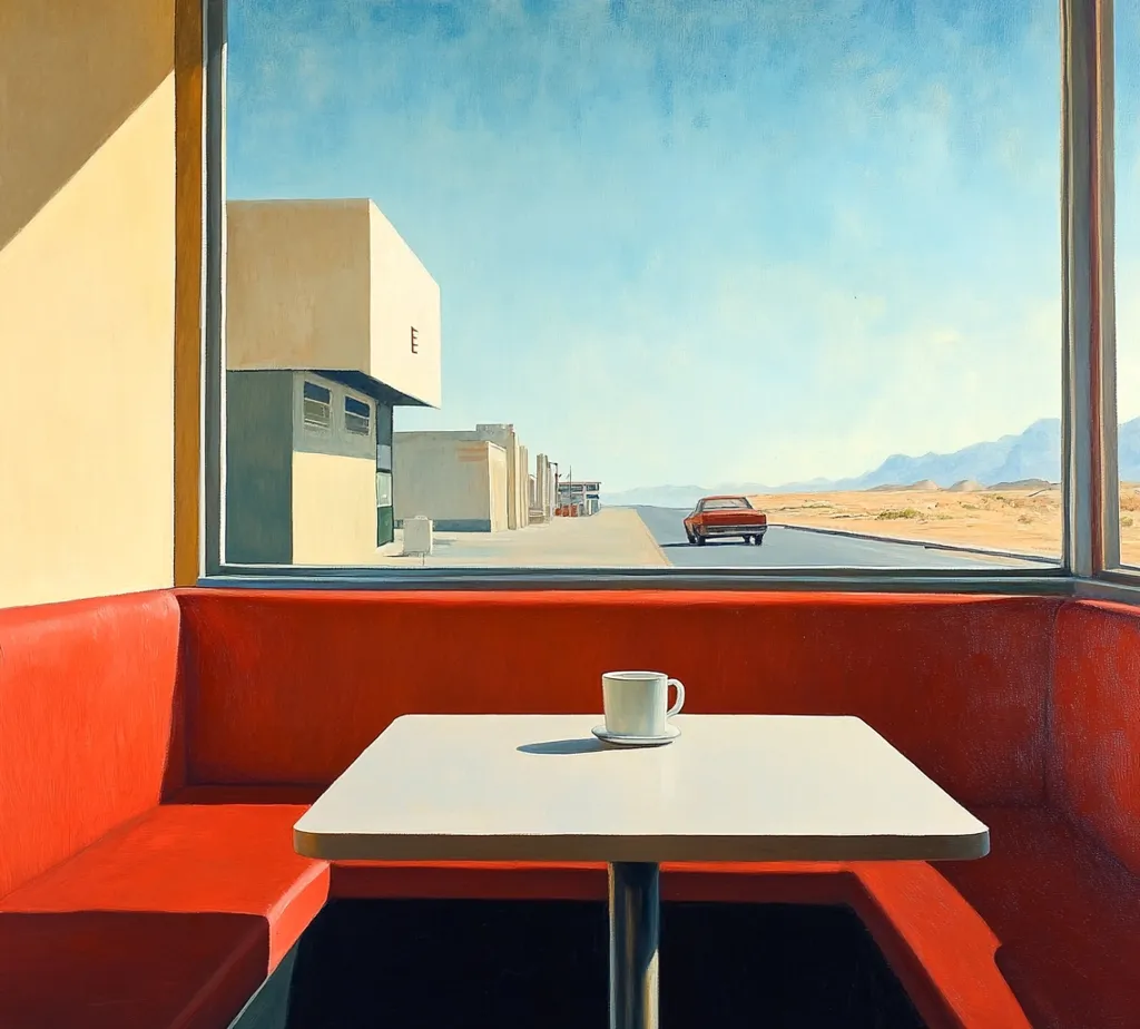 A painting depicts a diner booth with a red banquette and a small white table. A lone coffee cup sits on the table.  A large window offers a view of a desert highway scene; a red car drives away from a row of low buildings under a clear blue sky and distant mountains.  The scene is peaceful and slightly melancholic, suggestive of a roadside stop in a desolate landscape.