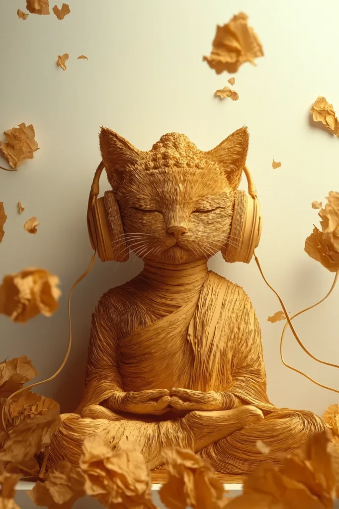 A serene digital artwork depicts a cat sculpted in the likeness of a Buddha.  The cat, rendered in a golden hue, sits cross-legged in meditation, wearing headphones.  Delicate, paper-like flowers drift around it, adding to the peaceful atmosphere.  The image suggests tranquility and mindfulness, blending animal imagery with spiritual symbolism.