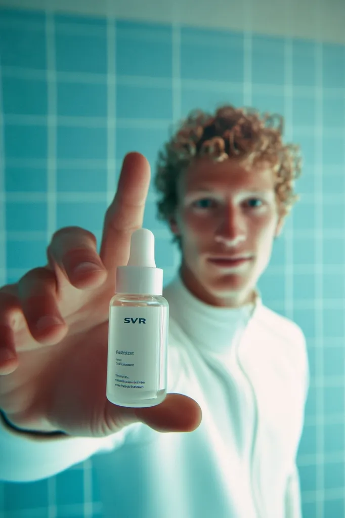 A young man with curly blond hair holds out a small bottle of SVR Purificontrol serum.  He's wearing a white zip-up jacket, and the background is a teal tiled wall. The focus is on the bottle, emphasizing the product in a clean, minimalist aesthetic.  The image suggests a skincare or beauty product advertisement.