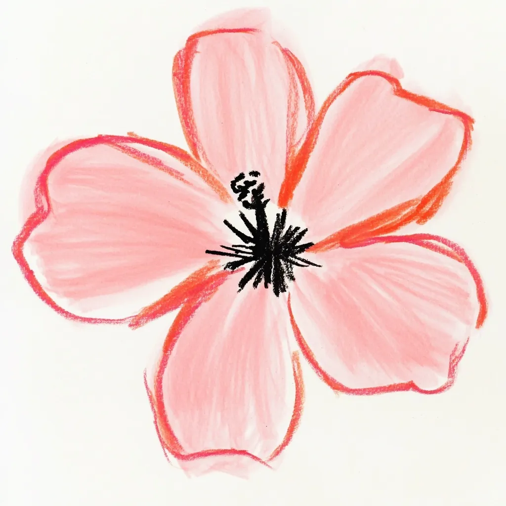 A hand-drawn illustration of a light pink hibiscus flower. The petals are rendered with soft, pastel-like strokes, and the center features a dark black stamen.  The style is simple and slightly abstract, focusing on the flower's form rather than intricate detail. The overall impression is one of gentle beauty and simplicity.