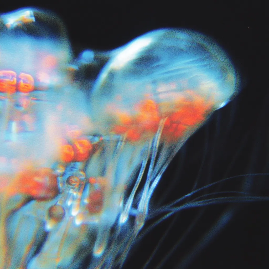 A close-up shot of a jellyfish, its translucent bell glowing with an ethereal blue and orange hue.  The delicate tentacles trail downwards, contrasting against the dark background. The image has a dreamy, almost surreal quality, enhanced by the soft focus and vibrant color contrast.  The jellyfish appears to be illuminated from within, creating a captivating underwater scene.