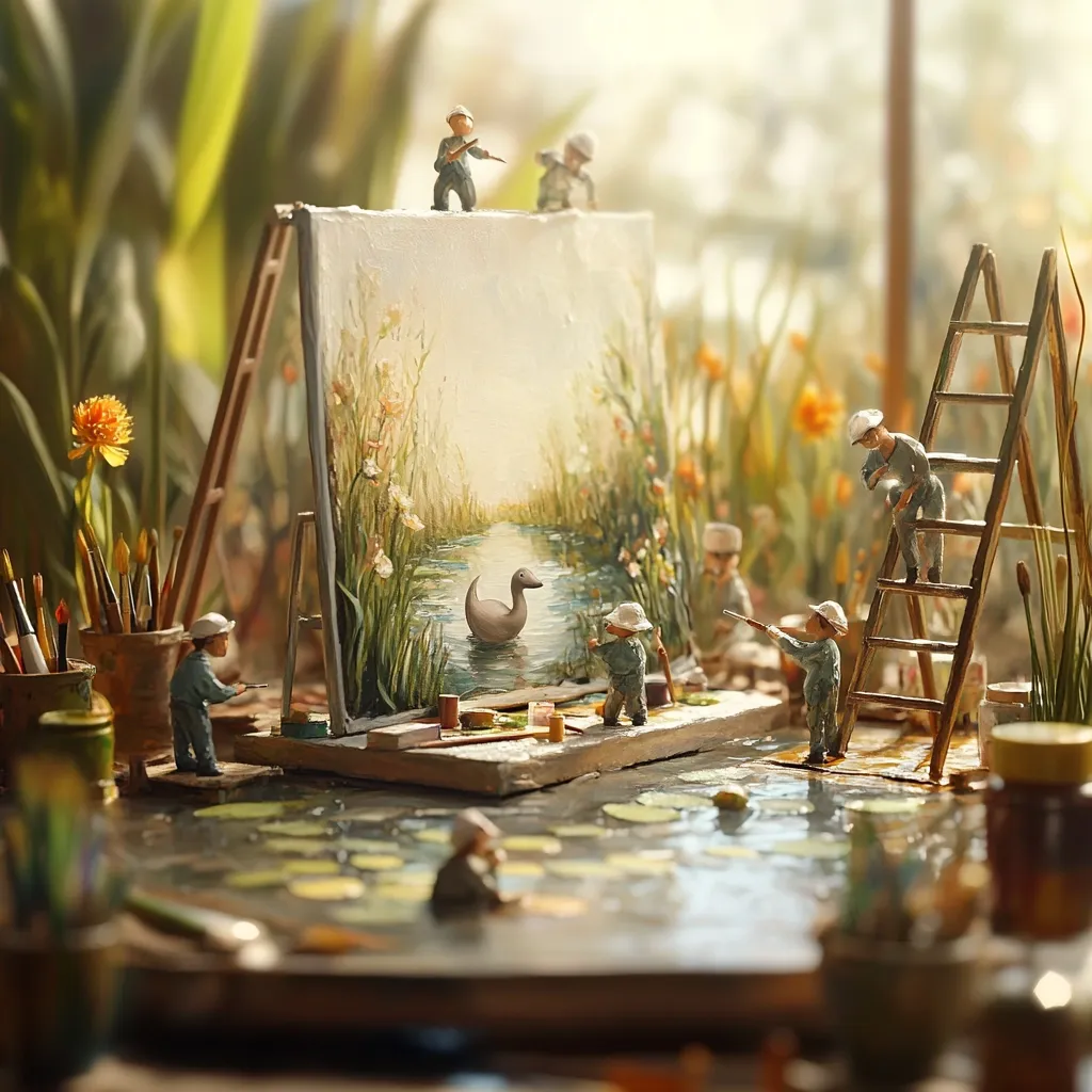 Miniature figures meticulously recreate a painter's scene.  Tiny artists, some on a ladder, work on a canvas depicting a tranquil pond with a duck.  Paints, brushes, and an easel complete the detailed diorama, bathed in soft, natural light.  The scene is idyllic and charming, showcasing exceptional artistry and miniature craftsmanship.