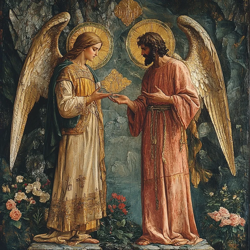 A Pre-Raphaelite painting depicts a celestial scene.  A winged angel, dressed in flowing gold and white robes, offers a golden object to a bearded man in a long, salmon-colored robe.  Both figures stand amidst lush greenery and rocky terrain, with halos encircling their heads. The overall mood is serene and spiritual, emphasizing the interaction between the divine and human realms.  The painting's detail showcases the artist's skillful rendering of texture and light.