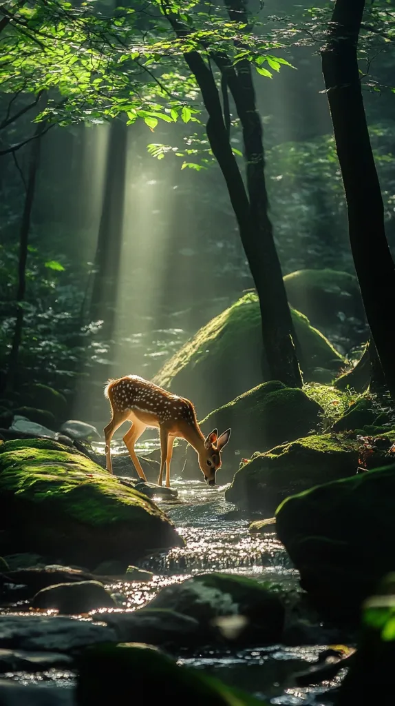 A young deer with spotted fur delicately drinks from a clear stream in a sun-dappled forest.  Sunlight filters through the lush green canopy, illuminating the deer and the moss-covered rocks lining the waterway.  The tranquil scene evokes a sense of peace and the beauty of untouched nature.
