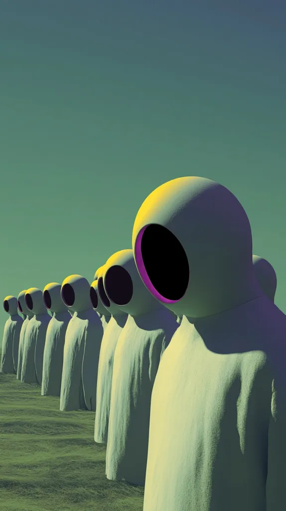A digital illustration depicts a line of figures standing in a field under a muted green sky.  The figures are cloaked in pale, flowing garments, their heads covered by smooth, ovular helmets with a dark, circular opening for a face.  The overall impression is one of anonymity and uniformity, suggesting a surreal or futuristic setting. The color palette is subdued, emphasizing the figures' stark alignment.