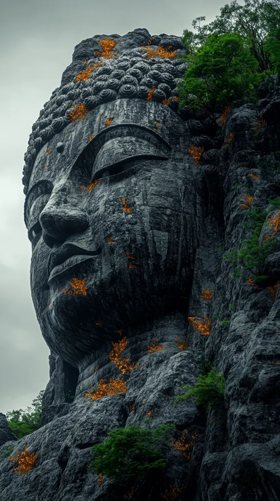A colossal stone Buddha head, carved into a cliff face, is partially obscured by lush greenery.  The immense sculpture's weathered features are softened by small orange plants clinging to the rock.  The dark grey stone contrasts with the vibrant green foliage and overcast sky, creating a dramatic and serene image.  The Buddha's serene expression conveys a sense of tranquility and age.