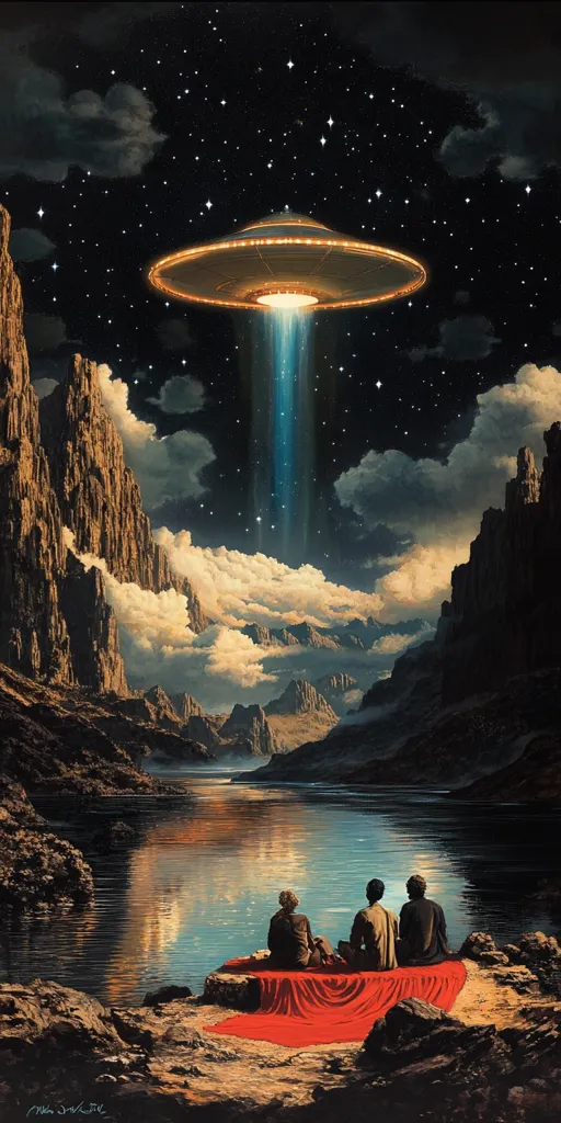 A captivating artwork depicts three figures seated on a red cloth by a serene lake, nestled within a dramatic mountain range.  Above, a glowing UFO descends from a starlit sky, casting a luminous beam towards the tranquil scene below. The contrast between the otherworldly visitor and the peaceful landscape creates a mysterious and awe-inspiring atmosphere.  The image evokes a sense of wonder and contemplation.