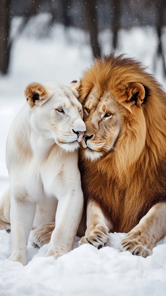 A white lioness and a tawny male lion rest together in the snow.  Their heads are touching, displaying affection.  The scene is peaceful and serene, with a soft snowfall in the background.  The contrast between the lion's coats and the white snow is striking.  The lions appear relaxed and comfortable in their snowy environment.
