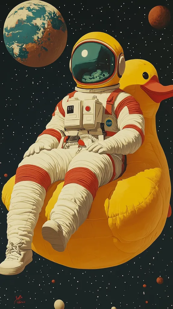 An astronaut in a retro-style spacesuit sits comfortably on a giant inflatable yellow duck.  The backdrop is a dark space scene with a large, earth-like planet and distant stars. The astronaut's relaxed posture and the whimsical setting create a surreal and humorous juxtaposition. The overall style is reminiscent of vintage space art with a playful twist.