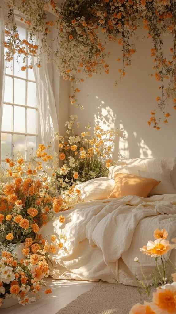 A sunlit bedroom is adorned with abundant orange and white flowers.  Trailing blooms cascade from the ceiling, draping over a window and overflowing onto the bed.  Cream-colored linens and pillows create a soft, peaceful atmosphere.  The overall aesthetic is dreamy and romantic, filled with natural light and a profusion of blossoms.