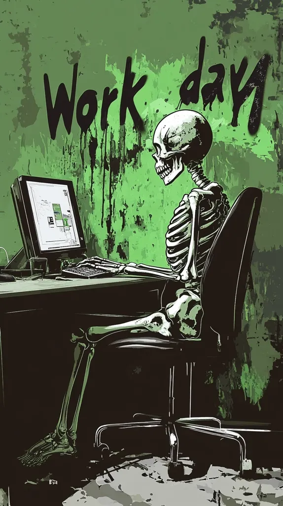A skeleton sits at a desk in front of a computer, the words "Work day" scrawled on the wall behind. The scene is rendered in dark greens and blacks, giving it a grunge aesthetic.  The skeleton appears weary, slumped in its chair,  a darkly humorous depiction of office work and possibly burnout. The overall mood is somber and slightly macabre.